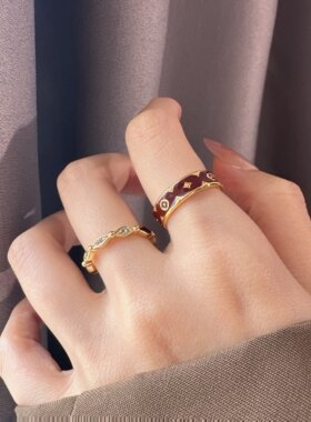 复古克罗老花酒红金色十字花戒指女小众设计男食指戒新款指环新款