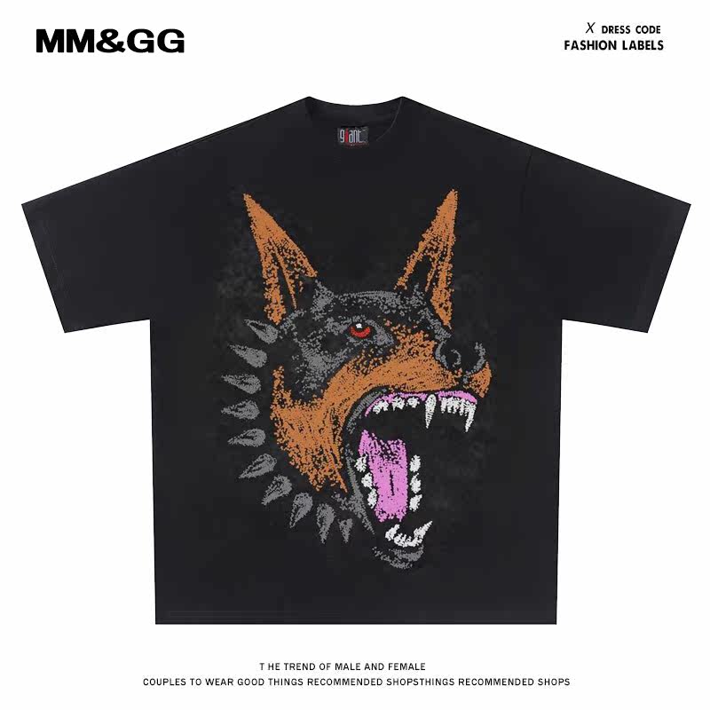 Graffiti Hound Head 欧美潮牌复古涂鸦猎狗头印花短袖t恤男女