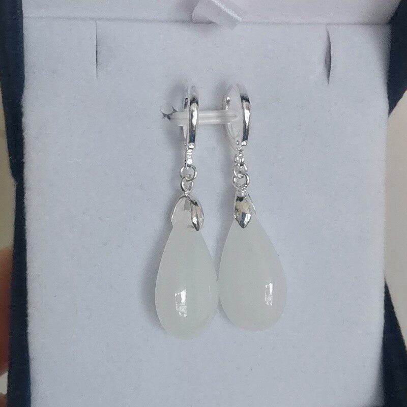 正品新疆和田白玉纯银水滴耳坠清新优雅招财旺家玉耳环高级感耳饰