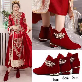 秋冬季新娘婚鞋平跟婚纱秀禾服两用平底粗跟孕妇结婚中跟红色靴子