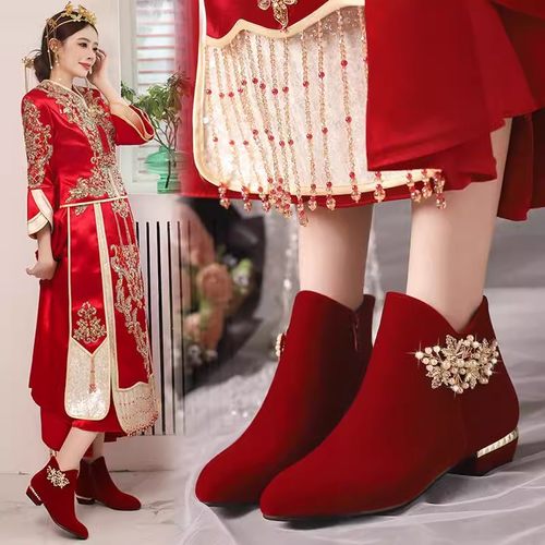 秋冬季加绒新娘婚鞋平跟孕妇平底新娘秀禾服婚纱两用红色结婚短靴