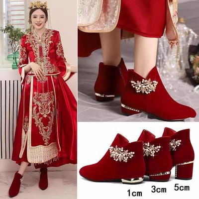 冬季婚鞋新娘鞋平底红色靴子