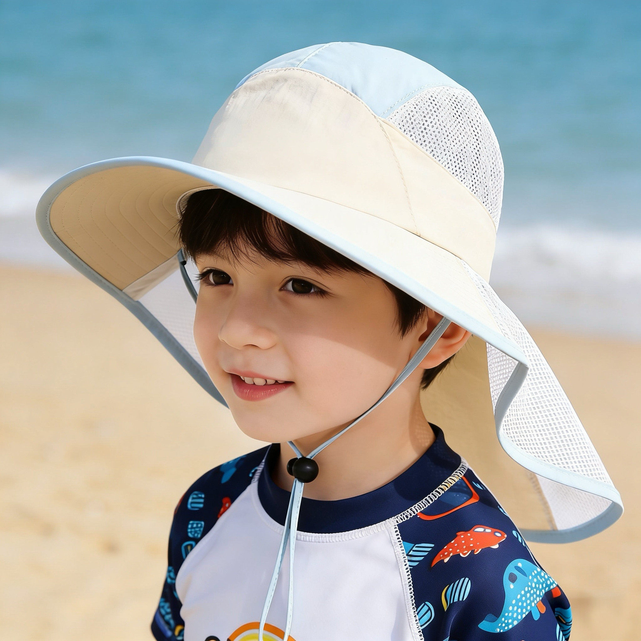 儿童防晒帽夏季薄款网眼透气大檐男女童遮阳护颈披肩帽户外太阳帽