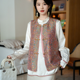 八达晕新中式桑蚕丝宋锦马甲女高端新年红色国风外穿蜀锦马夹背心