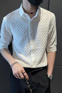 SC25-P58 控78 春夏男士衬衣男潮中袖衬衣休闲七分袖衬衫长袖 白1图片