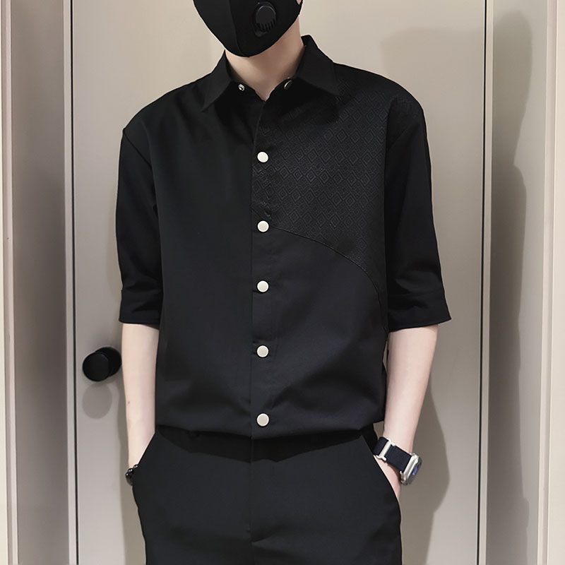 SC131-P58控78夏季男士衬衣男潮拼接衬衣短袖衬衫黑2,男装衬衫,电商A220