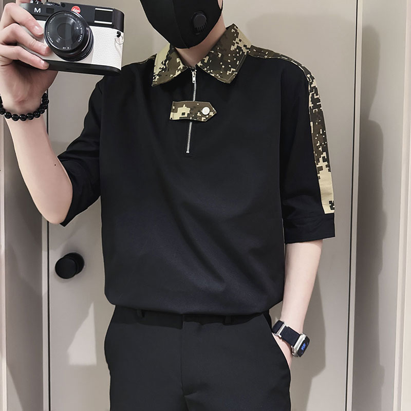 SC129-P58控78夏季男士衬衣男潮迷彩拼接衬衣短袖衬衫白色2,男装衬衫,电商A220