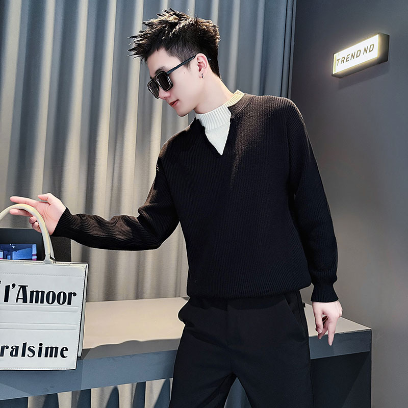 SM109-P88控118社会小伙店主风男假两件潮毛衣针织衫黑1，男装针织衫/毛衣，电商A220