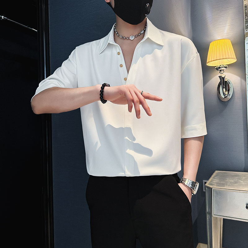 SC147-P58控78社会小伙店主风男潮中袖衬衣短袖衬衫黑2,男装T恤,电商A220