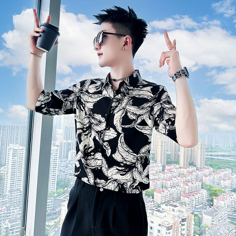 SC90-P58 控89 夏男士衬衣社会小伙衬衣休闲七分袖衬衫短袖 黑2图片