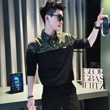SC130-P58控78夏季男士衬衣男潮迷彩拼接衬衣短袖衬衫白色1，男装衬衫，电商A220