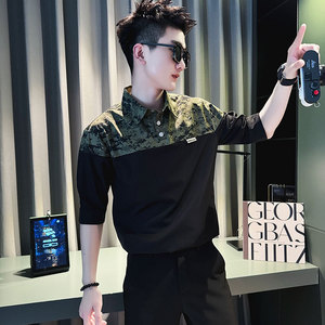SC130-P58 控78 夏季男士衬衣男潮迷彩拼接衬衣短袖衬衫 白色1图片