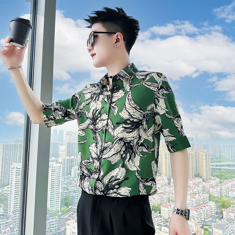SC90-P58控89夏男士衬衣社会小伙衬衣休闲七分袖衬衫短袖黑2,男装T恤,电商A220