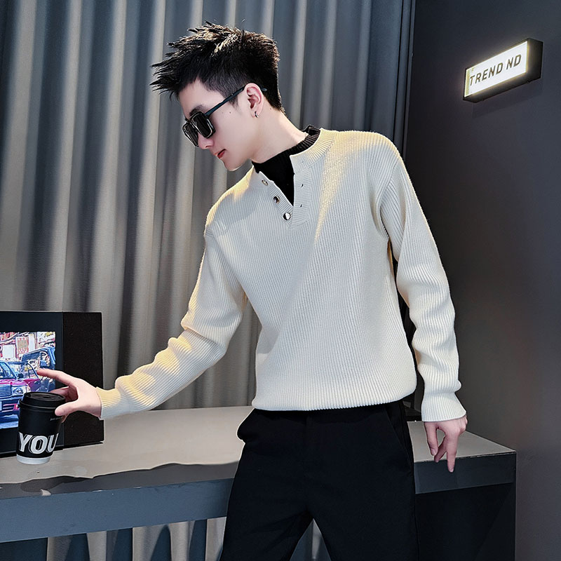SM110-P88控118社会小伙店主风男假两件潮毛衣针织衫白色1，男装针织衫/毛衣，电商A220