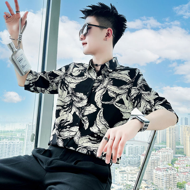 SC90-P58控89夏男士衬衣社会小伙衬衣休闲七分袖衬衫短袖黑2,男装T恤,电商A220