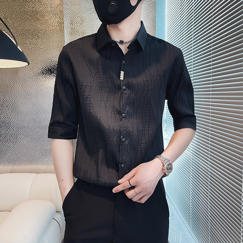 SC40-P58 控78 春夏男士衬衣男潮中袖衬衣休闲七分袖衬衫长袖 黑2图片
