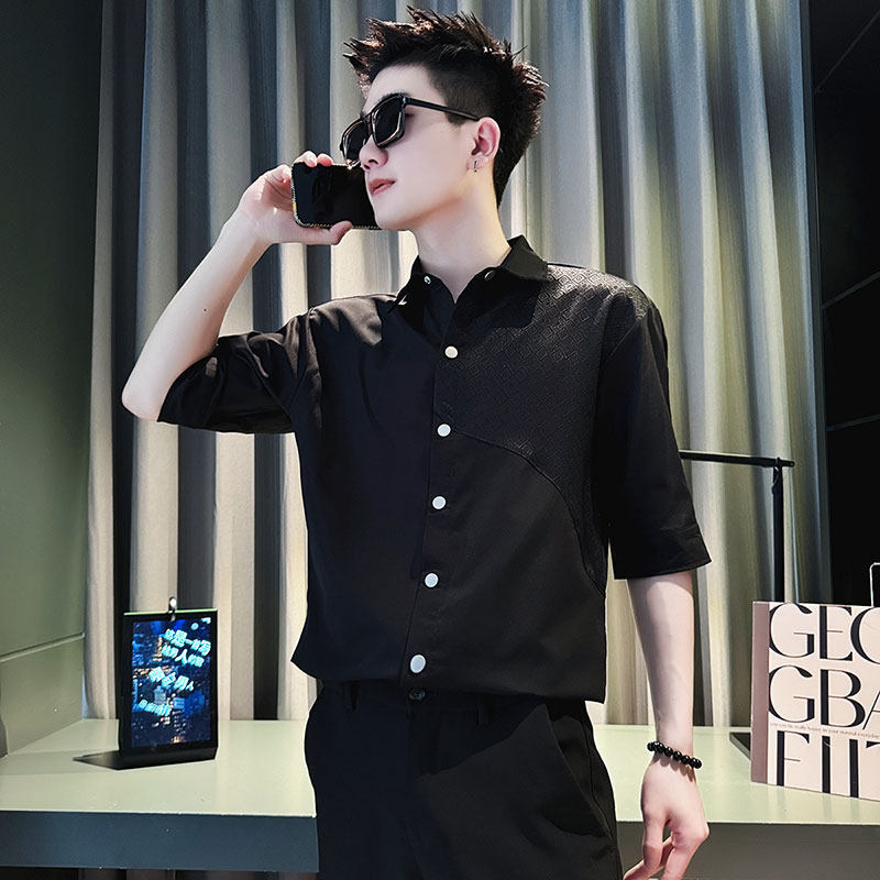 SC131-P58 控78 夏季男士衬衣男潮拼接衬衣短袖衬衫 黑1图片