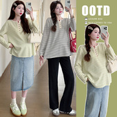 韩版 2025新款 时尚 条纹V领宽松百搭春装 T恤 孕妇装 孕妇长袖 T恤长袖