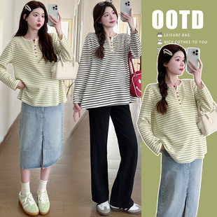 韩版 2025新款 时尚 条纹V领宽松百搭春装 T恤 孕妇装 孕妇长袖 T恤长袖