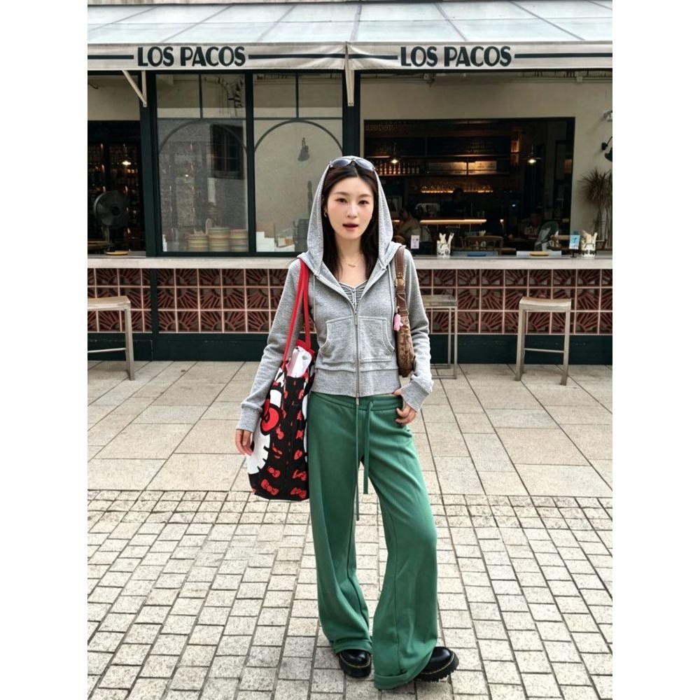 美式复古灰色独特连帽卫衣女秋季新款休闲显瘦百搭开衫拉链外套女图片