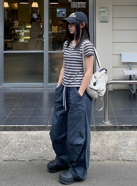 AYUESTUDIO自制灰蓝色宽松弯刀褶皱阔腿香蕉运动休闲长裤2025夏季