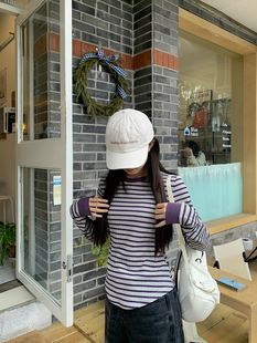 AYUESTUDIO自制 紫灰色条纹收腰显瘦修身长袖圆领T春季