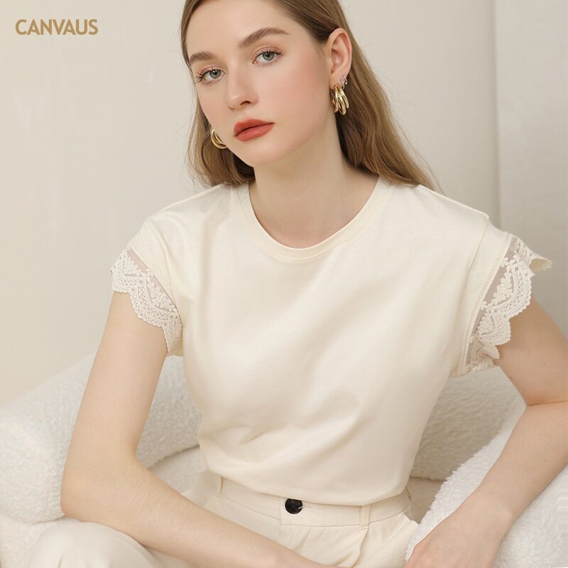 CANVAUS夏季纯棉花边袖女T恤