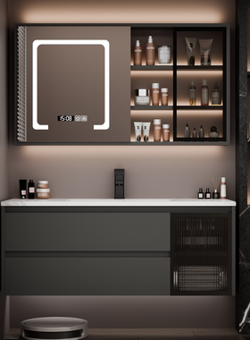 浴室柜组合岩板热弯一体盆卫生间洗漱台智能卫浴柜洗手洗脸盆镜柜