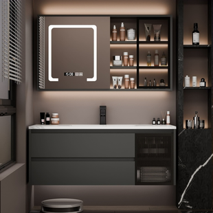 浴室柜组合岩板热弯一体盆卫生间洗漱台智能卫浴柜洗手洗脸盆镜柜
