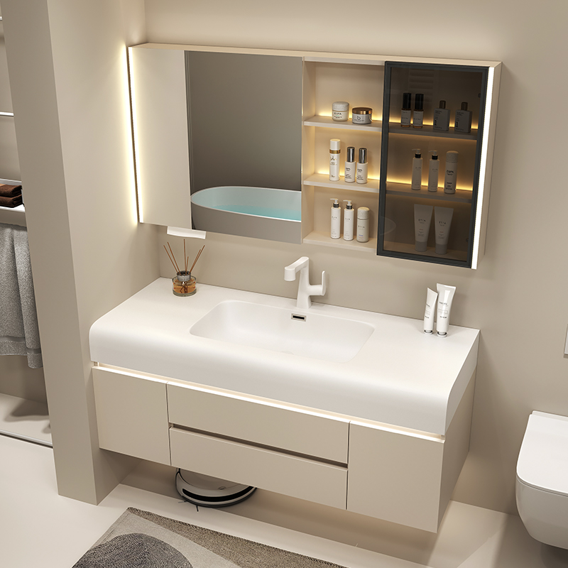 实木轻奢浴室柜组合肤感一体盆