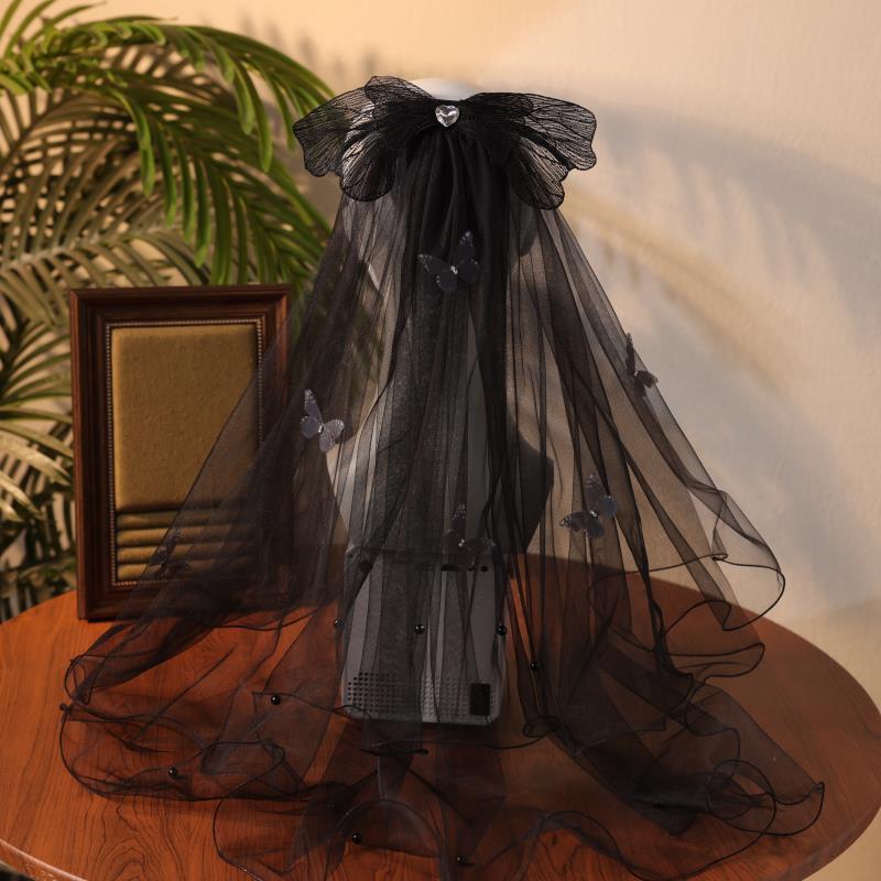 原创首发简约黑色蝴蝶结头纱新娘复古哥特网纱影楼拍摄道具头饰