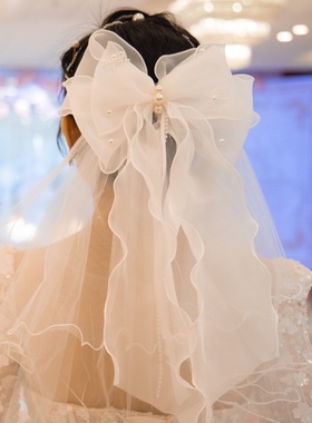 公主蝴蝶结白色领证双层头纱头饰简约短款新娘结婚登记拍照道具