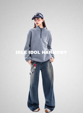 IDLE IDOL 美式复古宽松保暖休闲柔软百搭防风半开杉拉链立领卫衣