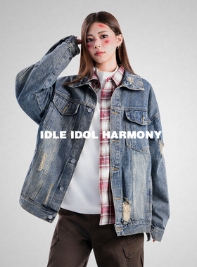 IDLE IDOL美式复古高街水洗做旧翻领宽松休闲单排扣工装牛仔外套