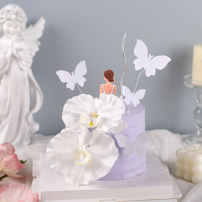 网红ins唯美女神背影蛋糕装饰摆件母亲节蝴蝶兰花朵烘焙插件插牌