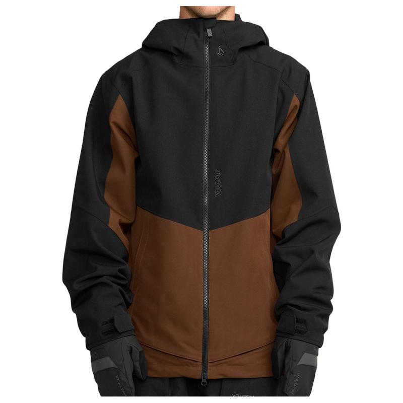 代购Volcom男士运动夹克防风保暖耐磨防水黑色拼棕色连帽设计