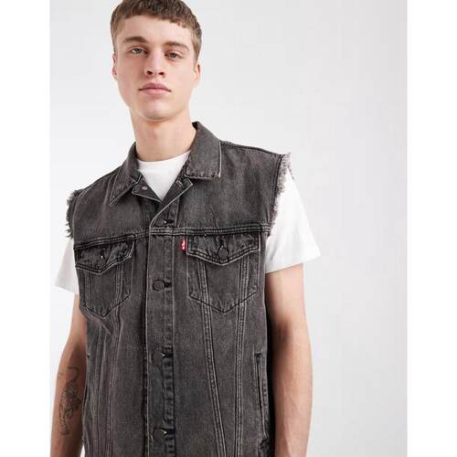 海外代购Levi’s/李维斯男士马甲毛边设计短袖水洗黑宽松版型
