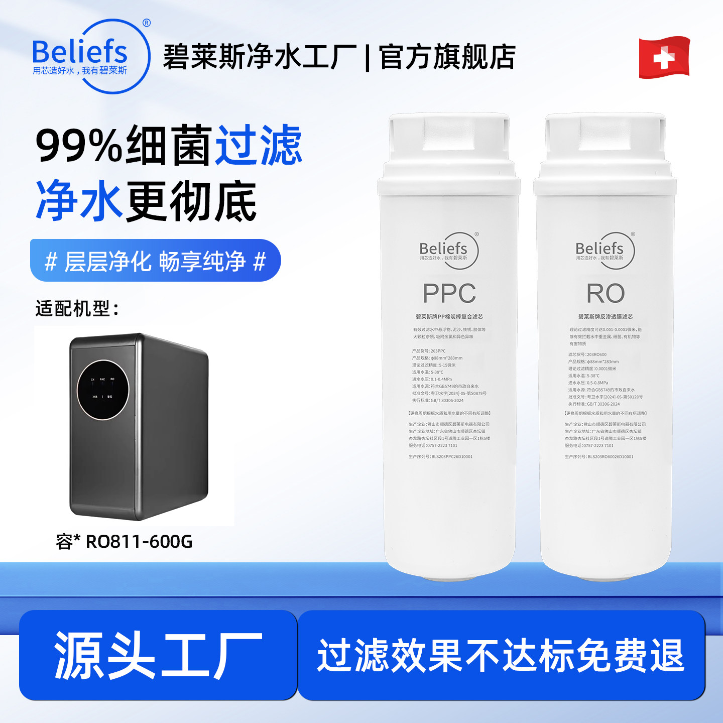 碧莱斯适用容声RO811-600G款家用厨下RO膜反渗透净水器全套滤芯