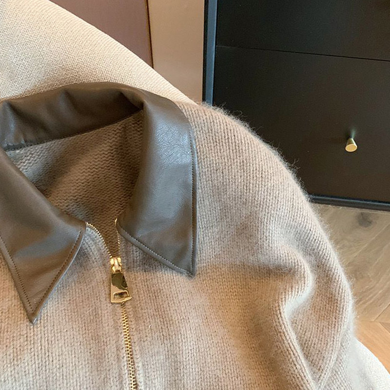 광저우 13선 최고 인기 스타일 유출 고급 스플라이스 가죽 칼라 더블 지퍼 니트 가디건 스웨터 여성용 짧은 재킷