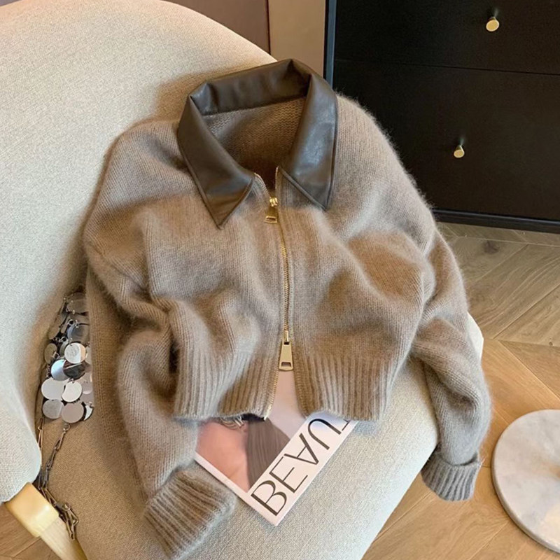 광저우 13선 최고 인기 스타일 유출 고급 스플라이스 가죽 칼라 더블 지퍼 니트 가디건 스웨터 여성용 짧은 재킷