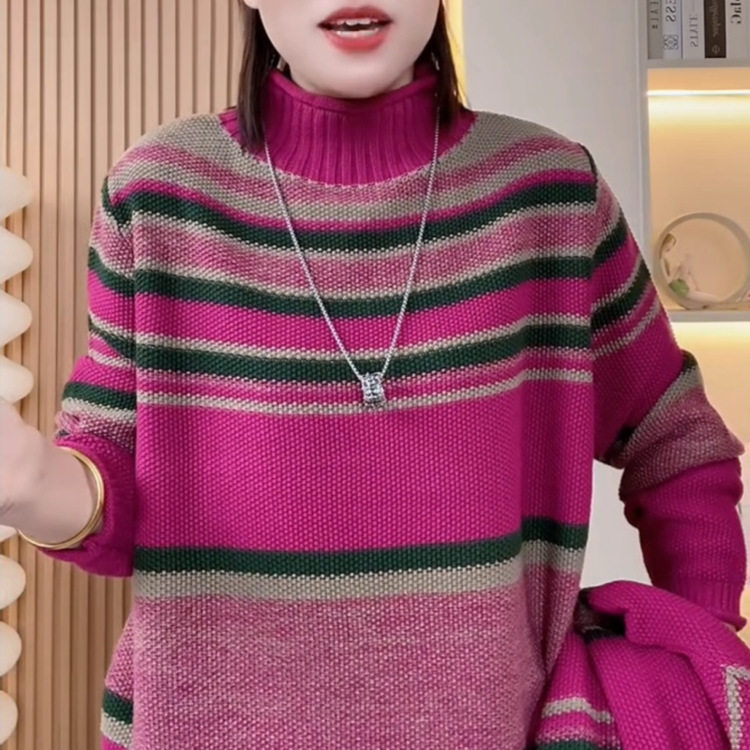 原版直播爆款2025冬季新款时尚拼色半高领洋气针织上衣女
