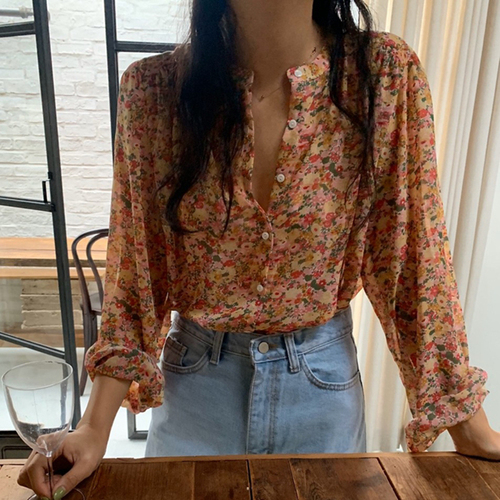 Long sleeve Floral Chiffon shirt women's new spring Korean loose casual single breasted top