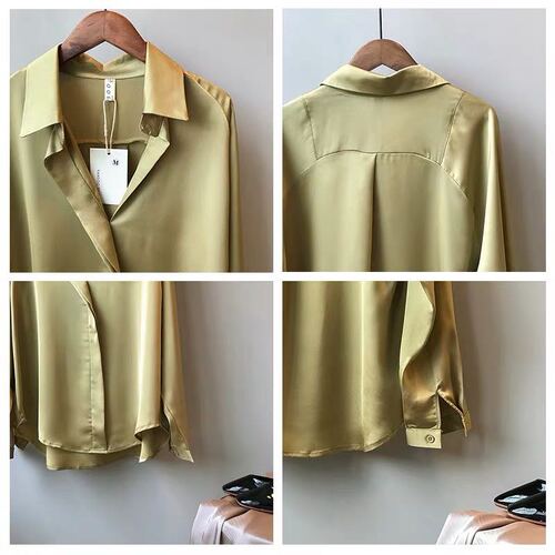 Silk satin shirt women's sense of design: new loose Long Sleeve Shirt Collar Chiffon Top in autumn