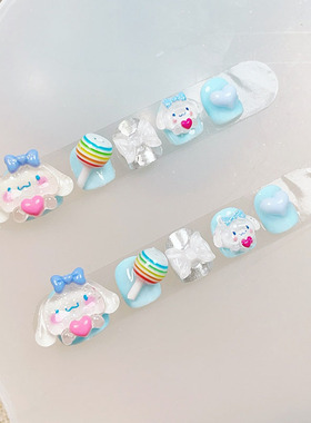 儿童美甲贴片纯手工穿戴甲片女孩可爱立体玉桂狗假指甲短款可拆卸