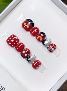 儿童穿戴甲片手绘可爱红色米奇波点美甲3-12岁女童短款假指甲贴片