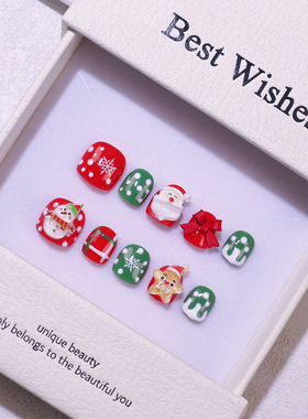 儿童穿戴甲片女孩圣诞节日高级氛围感美甲纯手工高品质假指甲贴片