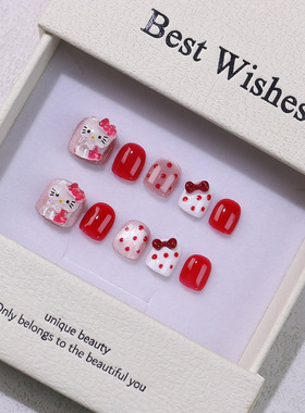 儿童穿戴甲纯手工猫眼美甲小学生可爱红色波点KT猫短款假指甲贴片