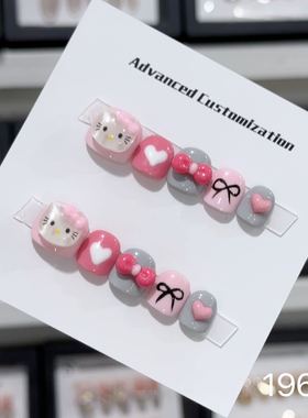 儿童穿戴甲片短款3-12岁女童可爱粉色KT猫小孩专用美甲假指甲贴片