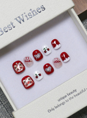 儿童穿戴甲片新年款高颜值纯手工红色美甲学生可爱卡通假指甲贴片