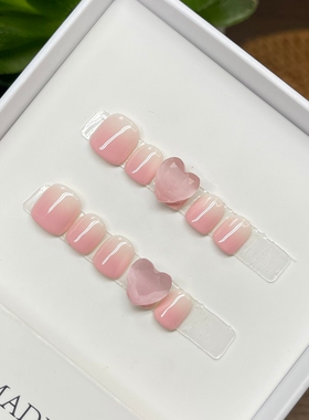 高品质手工儿童穿戴甲小孩假指甲贴片3-12岁渐变粉色爱心短款美甲